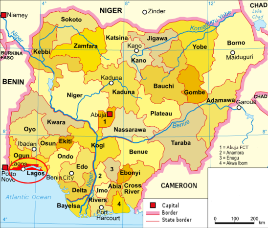 Carte du Nigéria avec la ville de Lagos. (Crédit photo : DragonFire1024 at English Wikinews.CC)