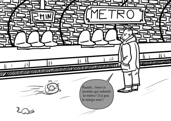 Caricature d'un parisien impatient dans le métro. (Crédit photo : Lucile Froigneux)