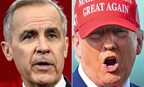 Montage photo du Premier ministre canadien Mark Carney (à gauche) et du président des Etats-Unis Donald Trump, réalisé le 12 mars 2025 (Crédit photo : AFP/Archives / ANDREJ IVANOV, ROBERTO SCHMIDT)