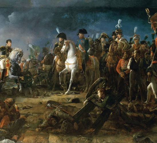 Napoléon Ier et ses généraux représentés victorieux à l'issue de la bataille d'Austerlitz (1805), symbole de l'apogée de l'Empire (Crédit photo : François Gérard, \
