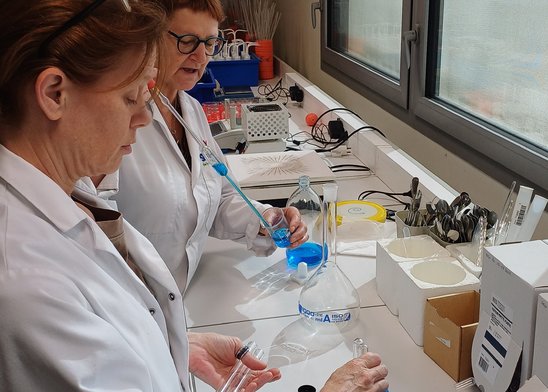 Séverine Marot, au premier plan, et Françoise Champain, réalisent une échelle de teinte de sulfate de cuivre. (Crédit photo : Hugo Hedoux)